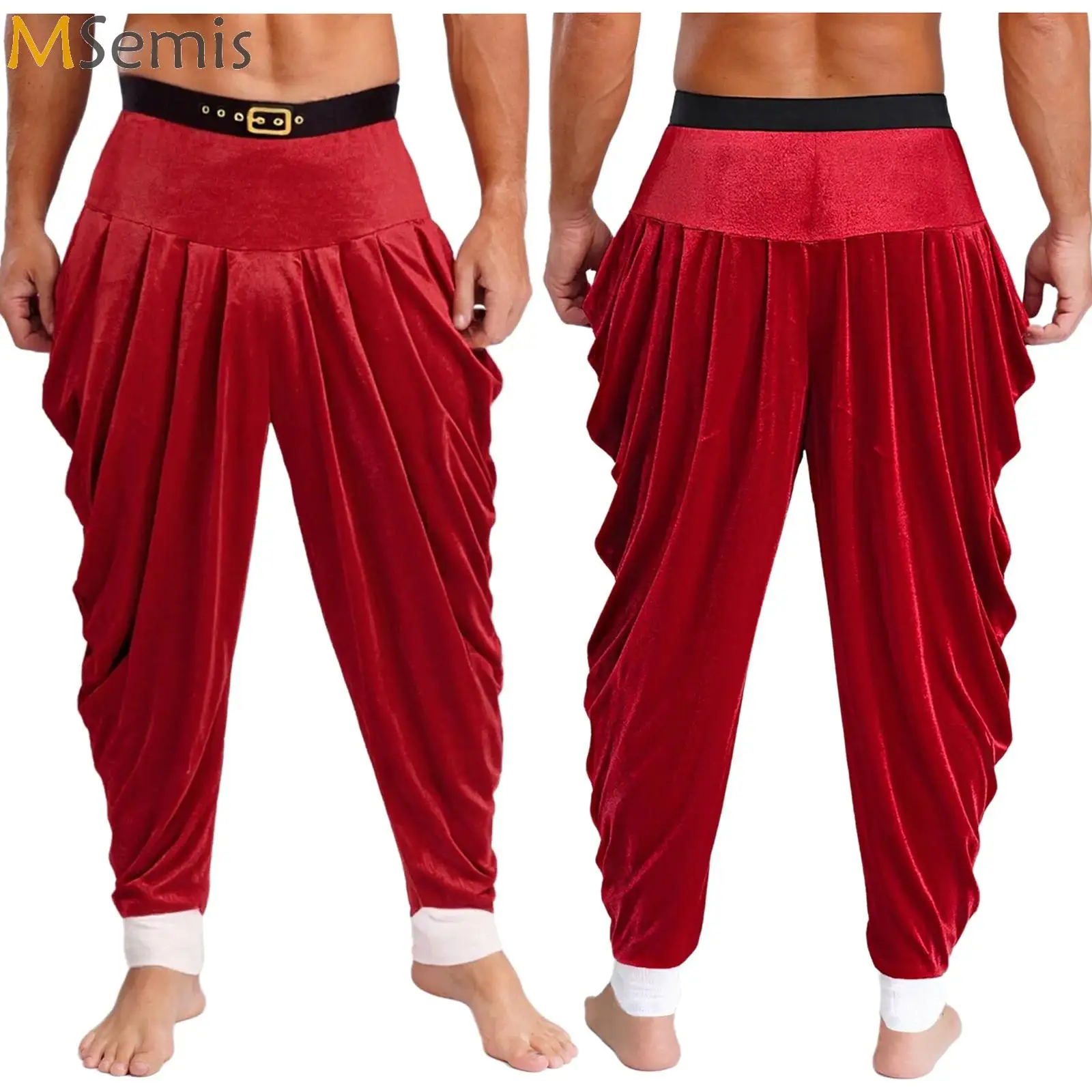 الرجال عيد الميلاد موضوع حفلة زي حزام مطاط التباين اللون المخملية السراويل الفضفاضة سانتا كلوز عطلة المهرجانات تأثيري ارتداء