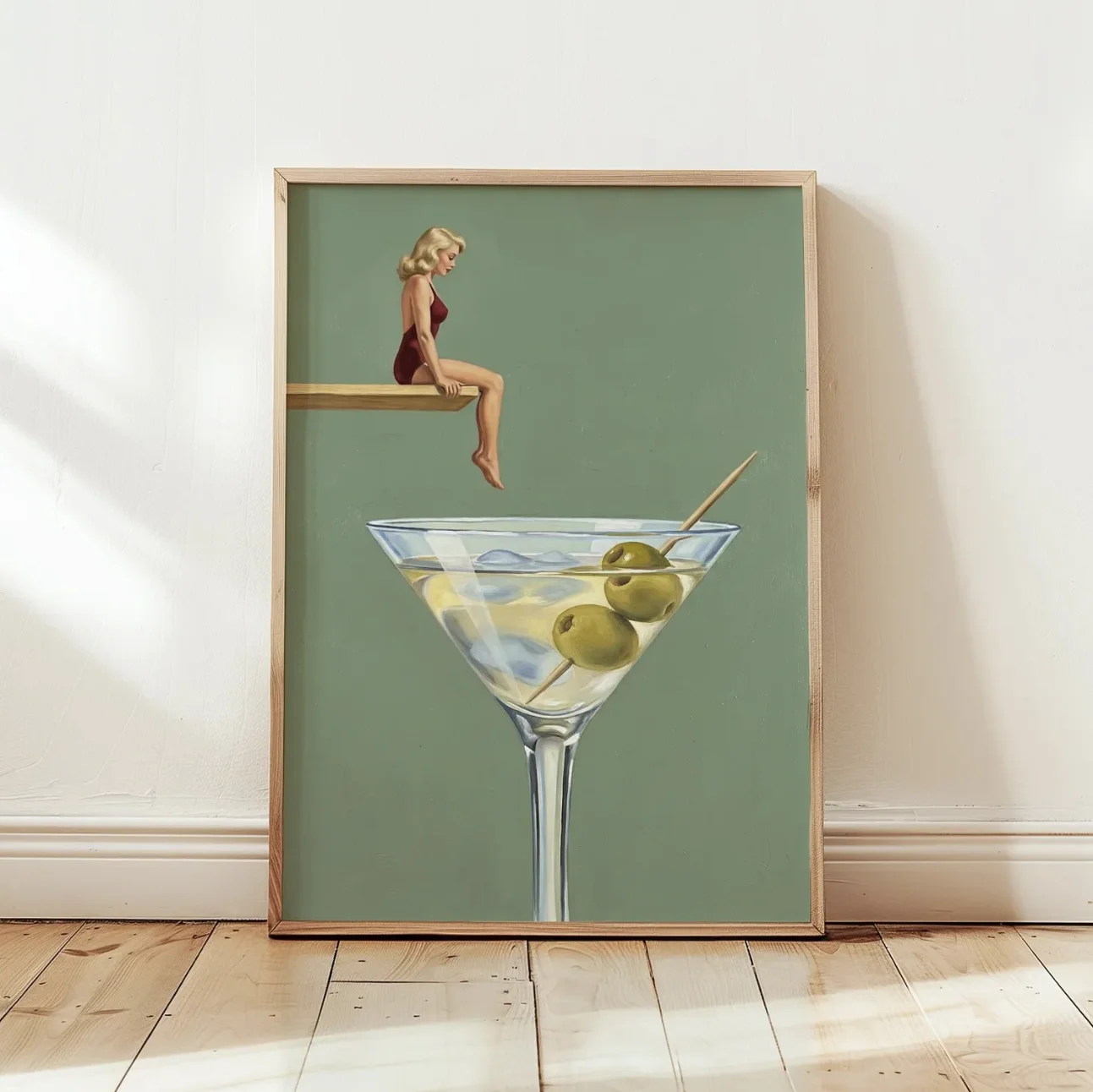 Vintage Pin Up Girl Martini Canvas Wall Art Prints Posters Decor, Funny Cocktail Olive Wall Decor for Bar, Bedroom, Living Room