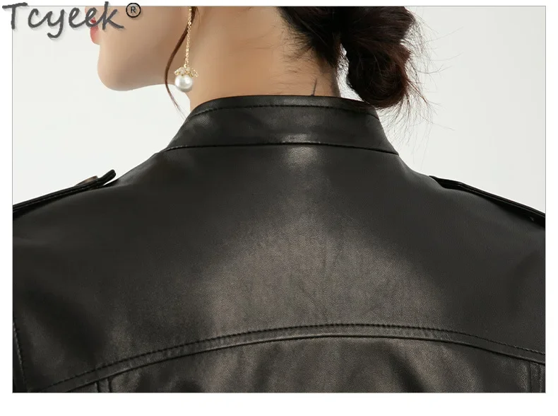 Tcyeek, chaqueta de cuero genuino para mujer, abrigo de cuero negro, abrigo de piel de oveja de gama alta, chaquetas para mujer, ropa de primavera y otoño 2024