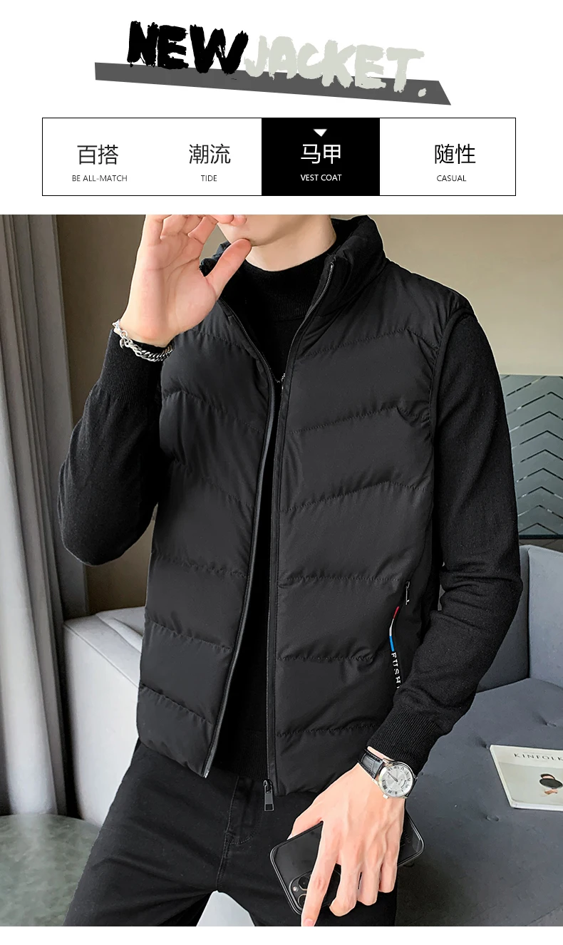 

Sleeveless Vest Men's Stand Collar Thicken Jacket Windproof Winter Coat Warm Vest Overcoats Zipper Solid Color Mens Warm Vests