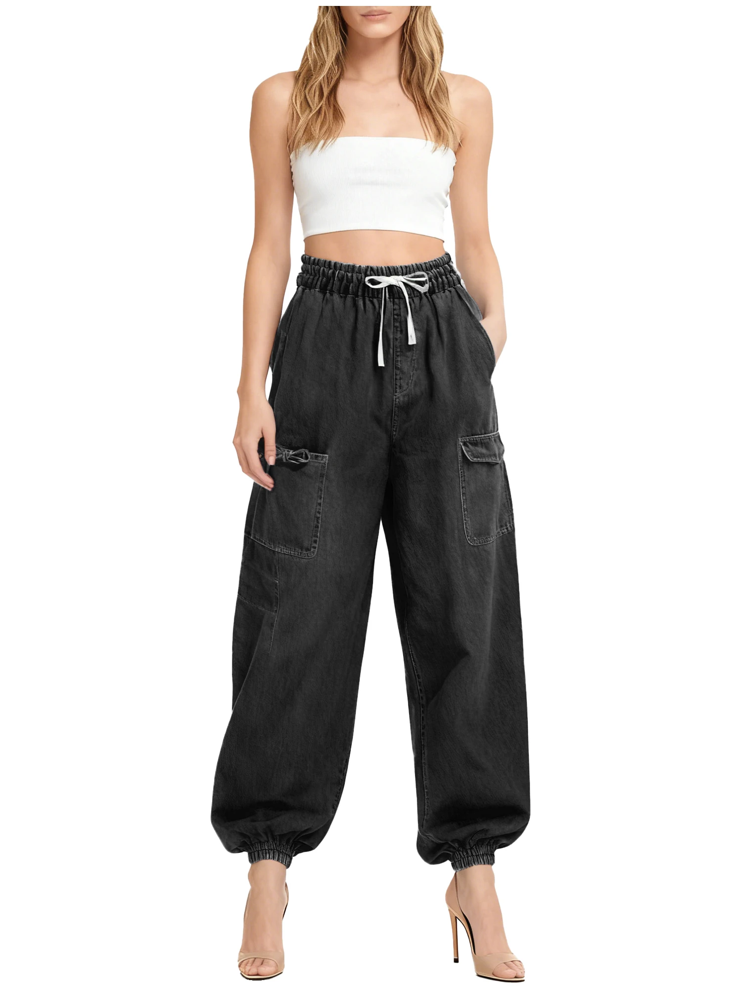 Calça jeans feminina elegante e folgada, vários bolsos, cintura elástica com cordão, calça jogger, calça longa jeans para uso diário casual