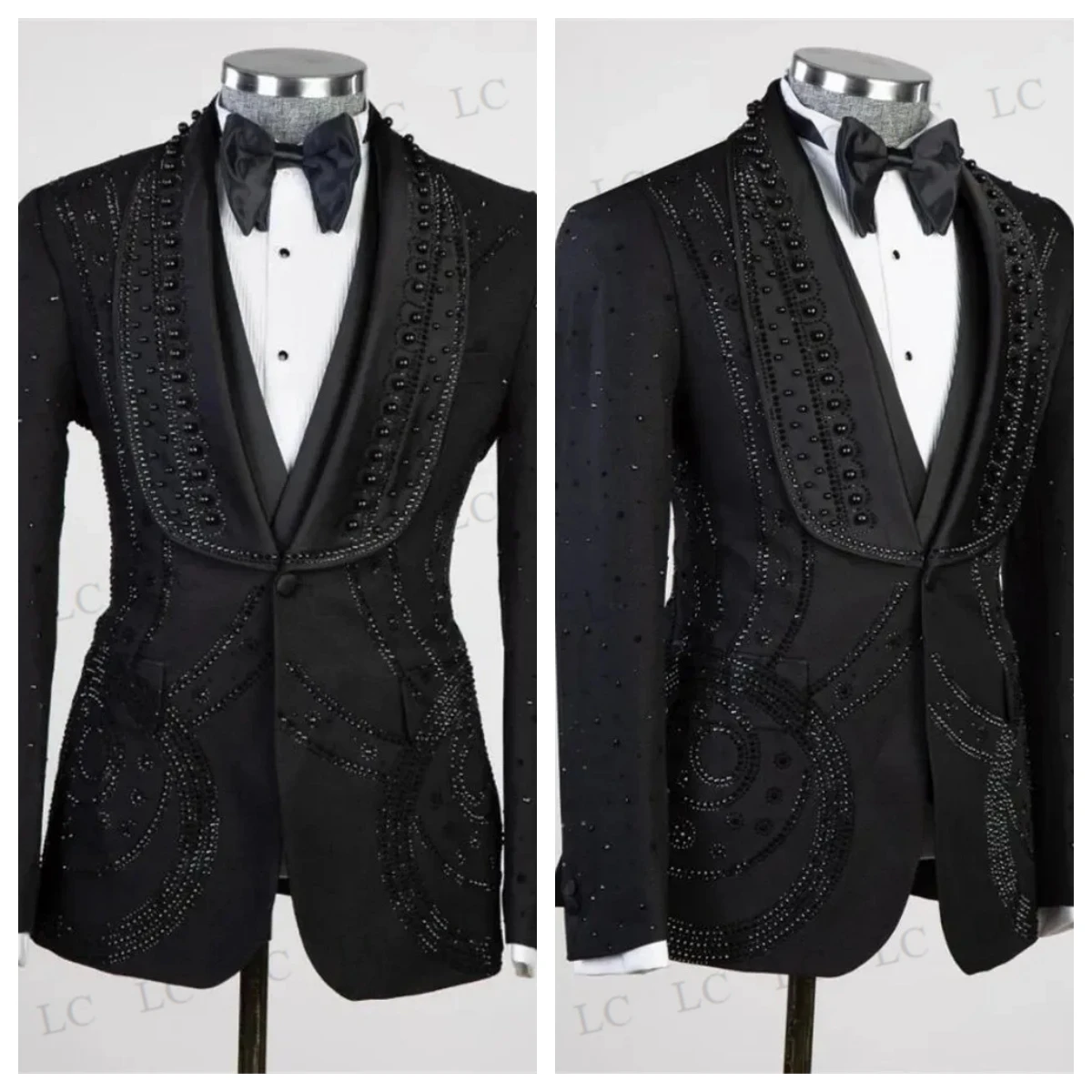 

Gentle 3 Pieces Satin Slim Fit Men Suits One Button Wide Lapel Diamonds Beads Tuxedo Slim Wedding Groom Prom Plus Size Customed