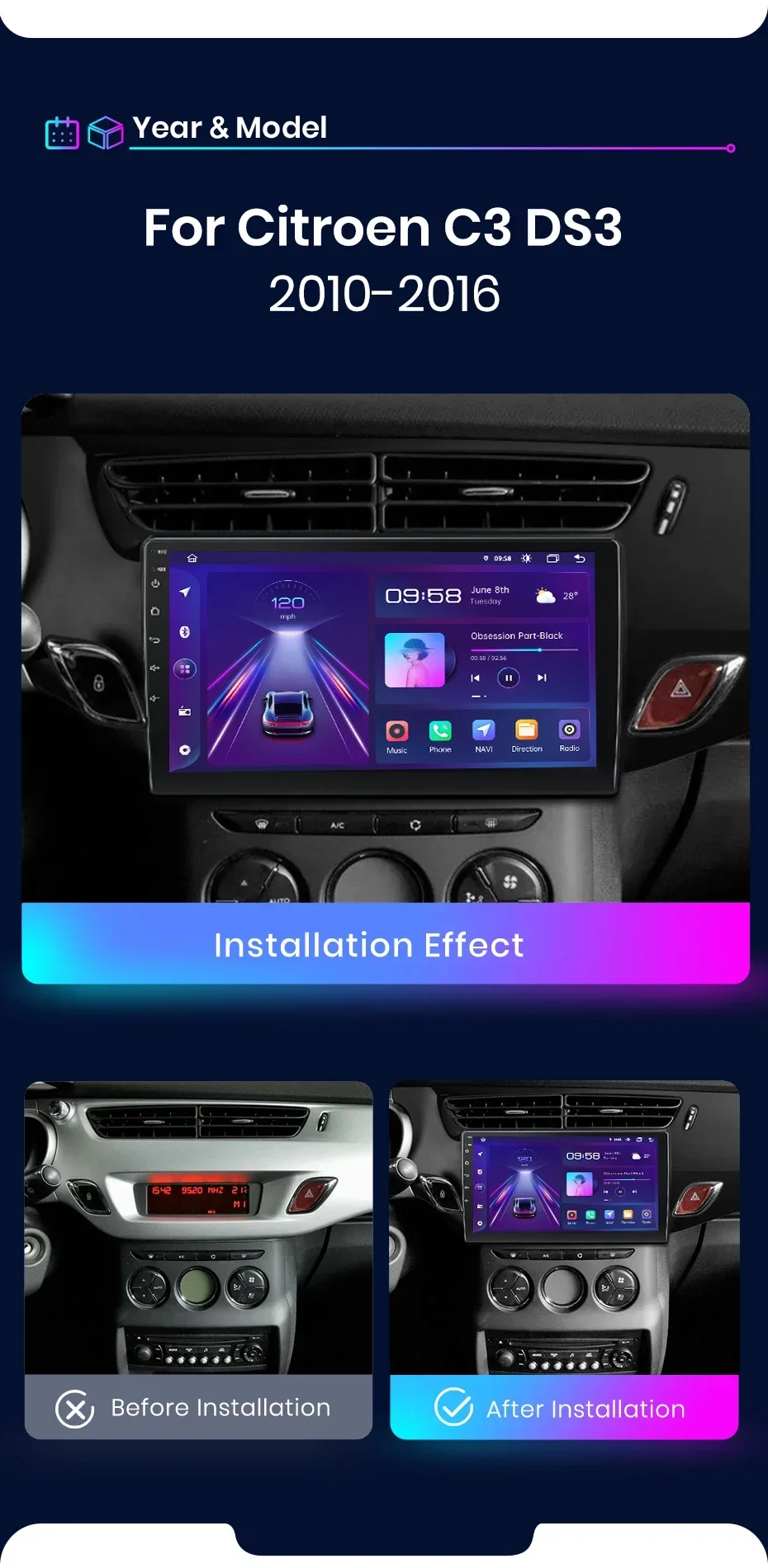 Junsun kabelloses carplay android auto radio für citroen c3 ds3 2013-2015 auto intelligente systeme rds bt dsp 2 din autoradio – Detail 4
