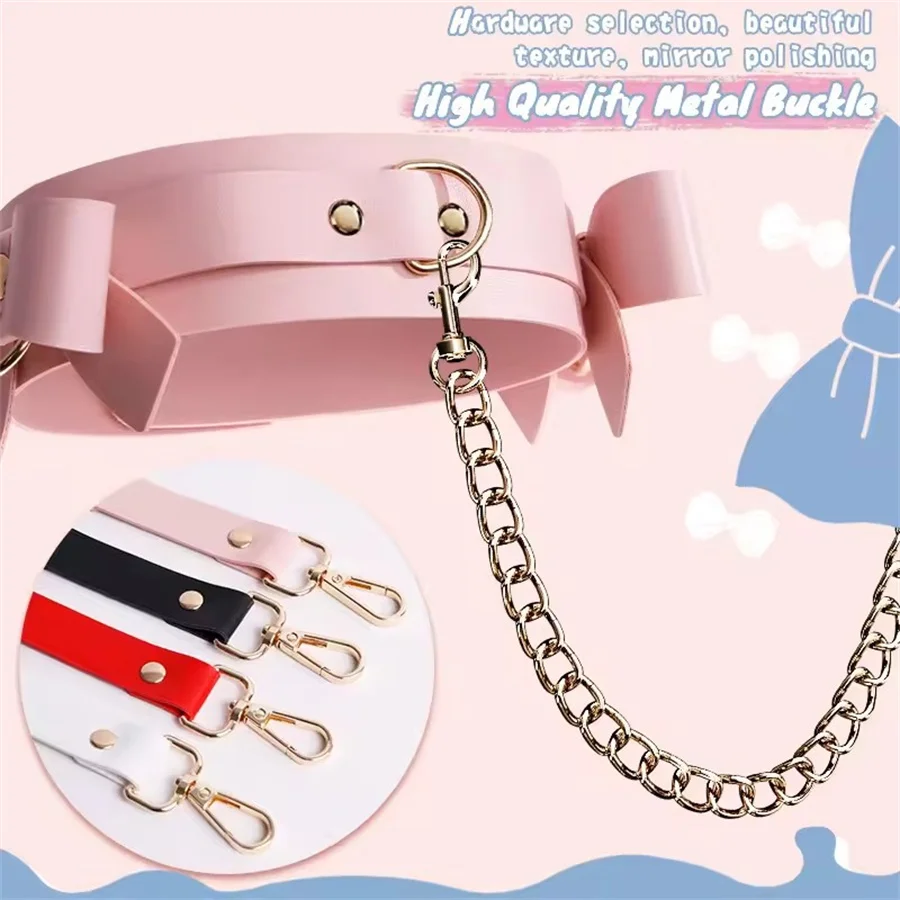 BDSM Cute Bow Themed Bondage Sets Cosplay Adult Games Leather Handcuffs Ankle Cuffs Mouth Gag Whip Collar Sex Toys For Women view 4