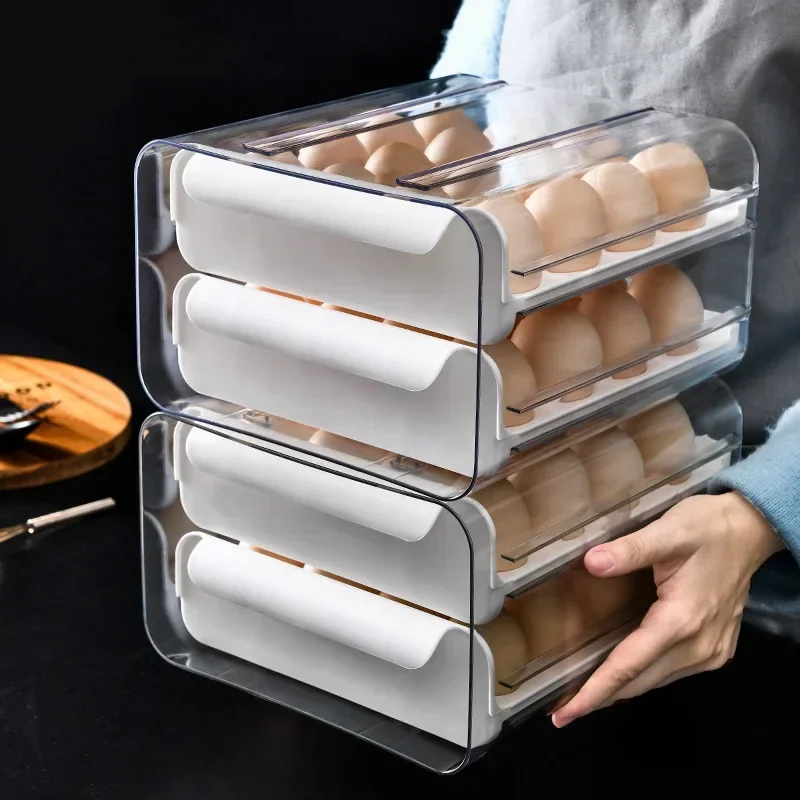 Drawer-Style Egg Storage Box for Refrigerator Double-Layer Large Capacity Stackable Transparent Container Efficient Organizer