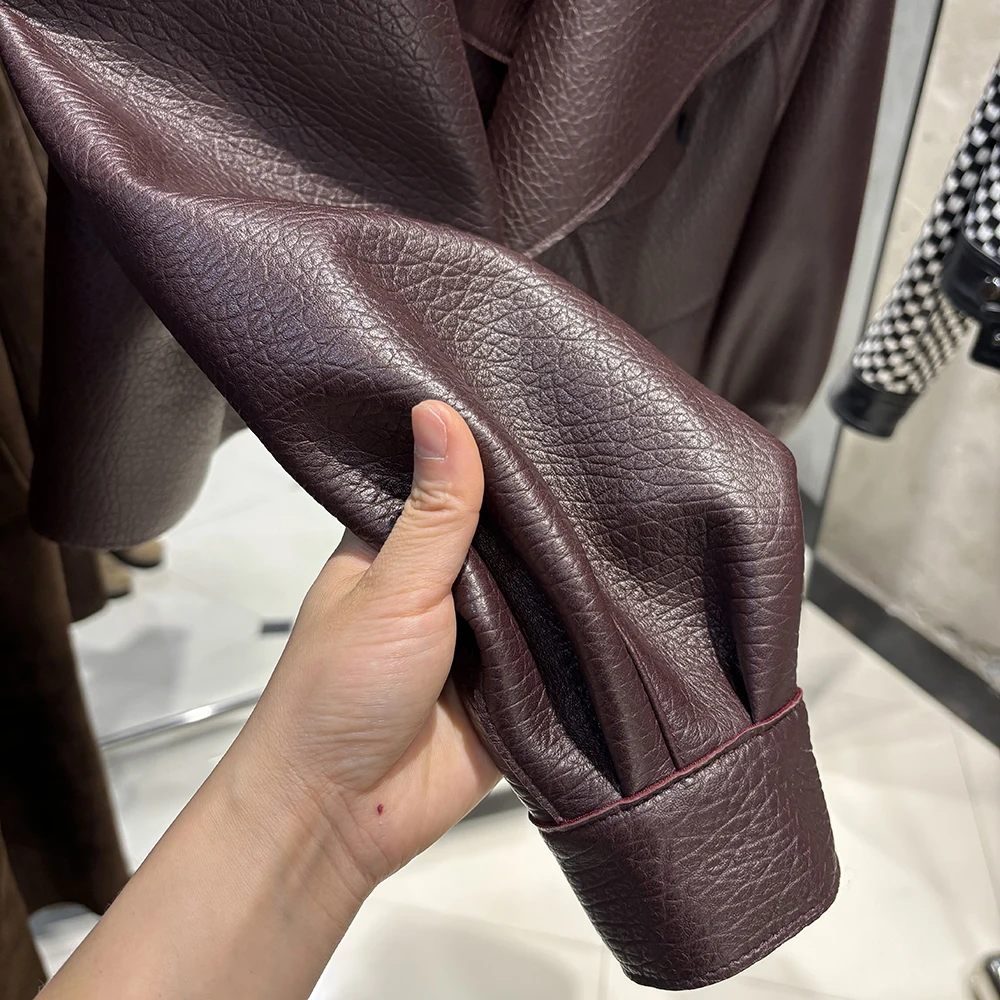 YOLOAgain 2025 Spring Dark Brown Oversized Leather Jacket Women Real Leather Jacket Female Overcoat