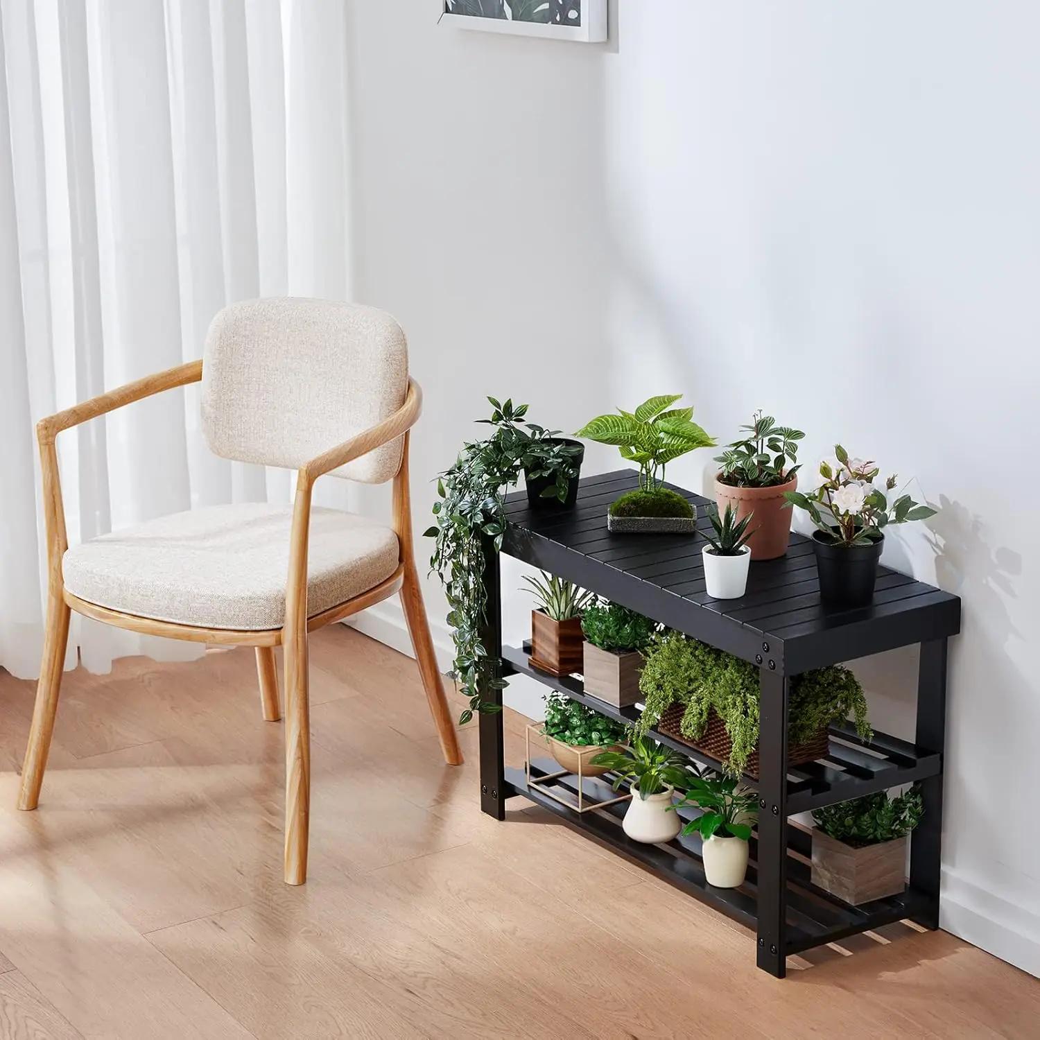 Panca per scarpiera in bambù a 3 livelli, supporto per organizer per ingresso per porta d'ingresso, camera da letto, soggiorno, nero