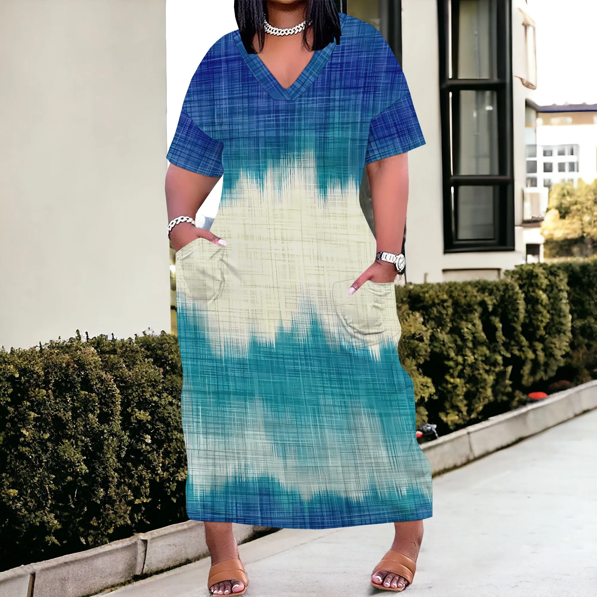 

SheFirstStyle Women's Tie-Dye Ombre Maxi Dress V-Neck Short Sleeve Loose Fit Pockets Summer