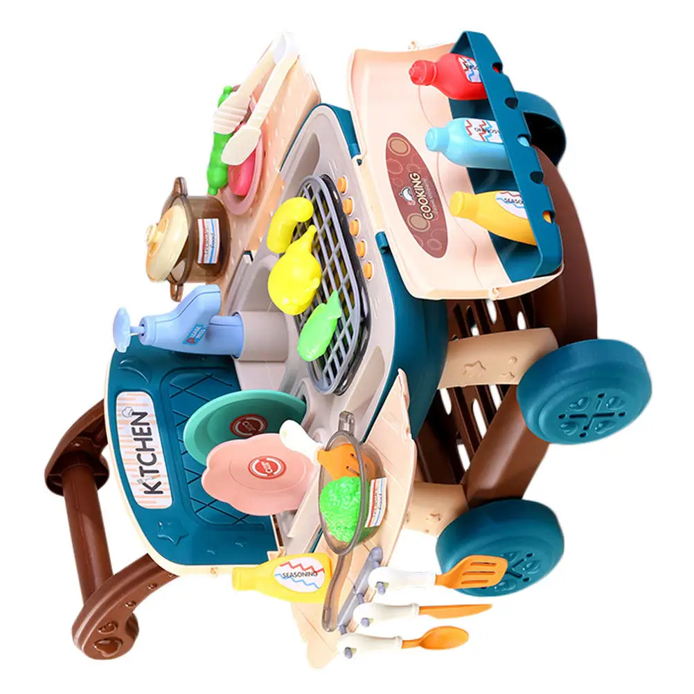Blue Hand Push Shopping Cart Educational Kitchen Barbecue Supermarket Plaything for Children Early Development Creative Learning