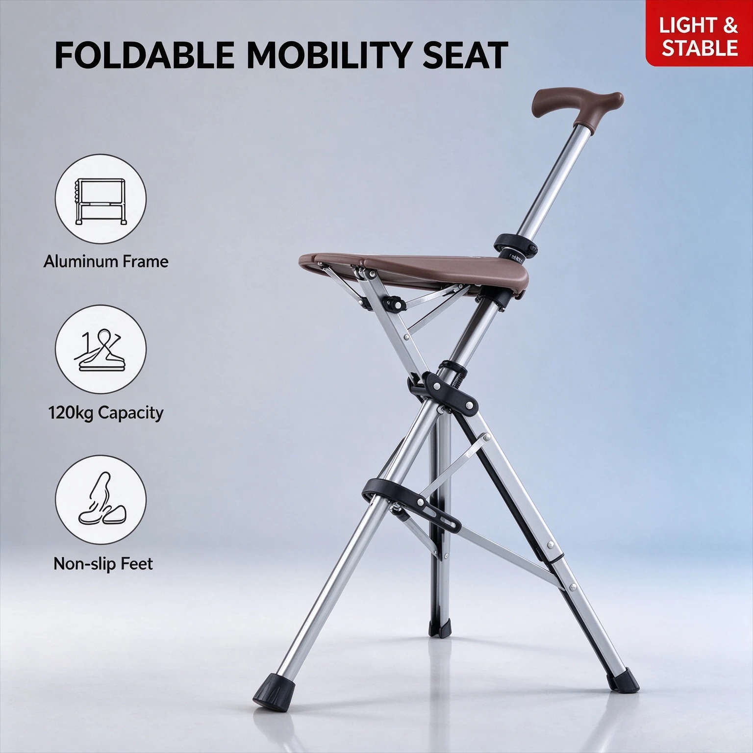 Stable Aluminum Fold Mobility Gear 120kg Rated Adjustable Rest Seat Non-slip Support Staff Portable Stool for Seniors Hiking Fis