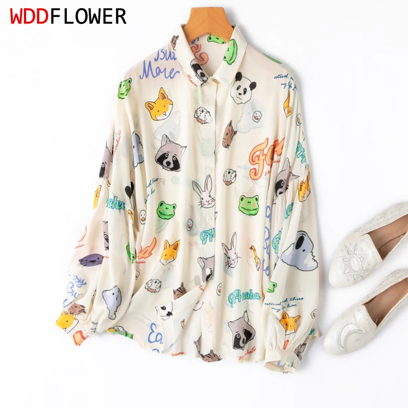 

Women Silk Shirt 100% Mulberry Silk Cute Beige Cartoon Printed Collared Buttons Down Lantern Long Sleeve Top Blouse M1094