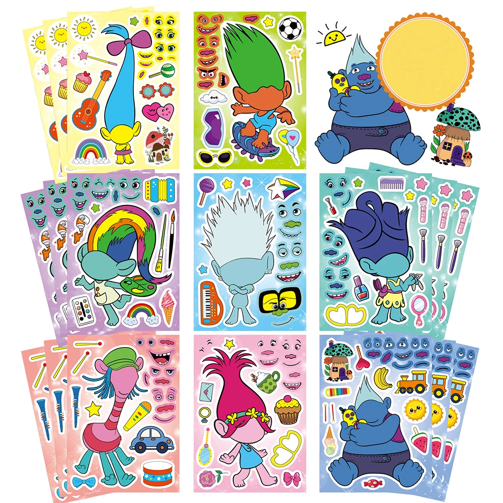 8/16Sheets Cartoon Trolls Puzzle Stickers Make-a-Face Children DIY Assemble Jigsaw Educational Toys Party Favors For Kids Girls