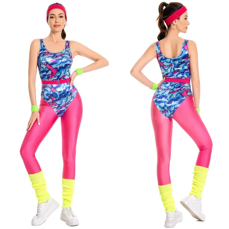 SN556 نمط الرجعية ارتداءها رياضية وتتسابق 80s 90s الهبي ديسكو تأثيري اللون الطباعة زي بذلة ملابس لليوجا مرحبا $@1 واط