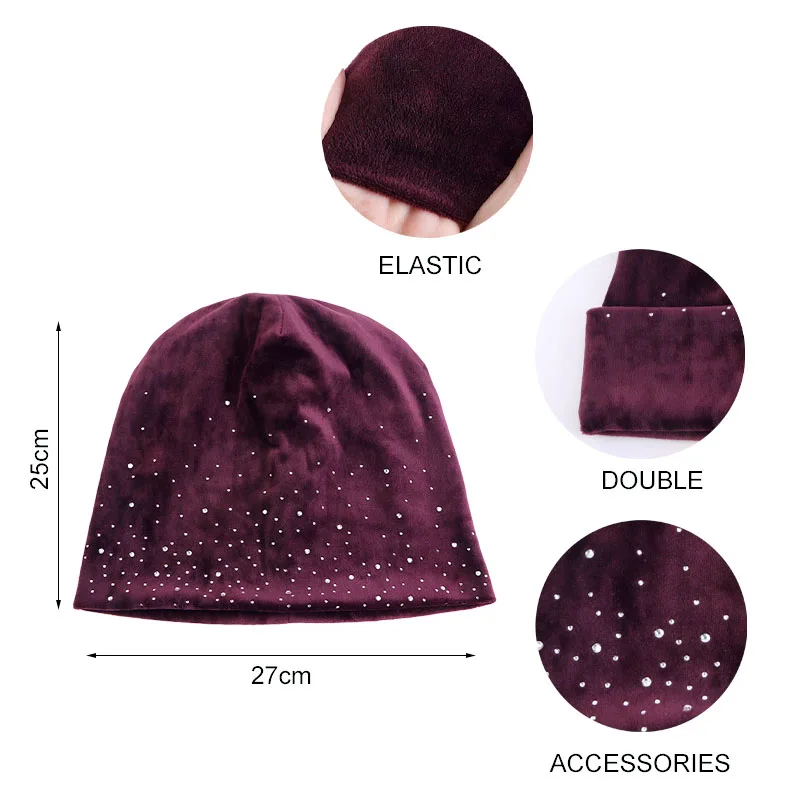 New Women Rhinestone Decor Velvet Slouchy Beanie Baggy Hat Solid Color Elastic Skull Cap Lightweight Warm Beanies Chemo Cap