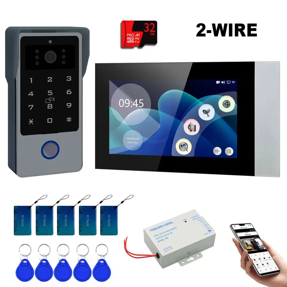 Système d'interphone à 2 fils, système de visiophone WiFi à écran tactile 7 pouces 1080P, carte 32G,