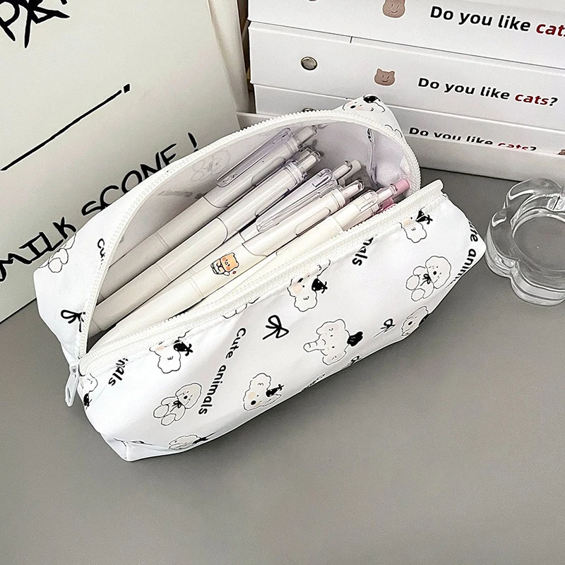 Cute Cartoon Line Bear Printed Pen Bag Portable Large Capacity Pencil Case Stationery Bag Multi-function Storage Bag  ﻿