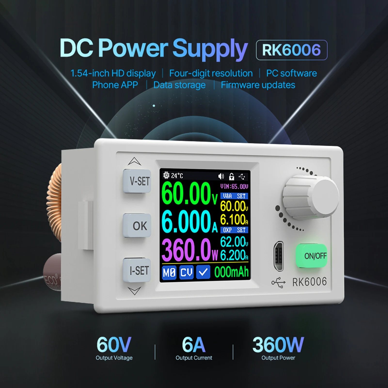 

The DC regulated power supply features a 1.54-inch LCD display with constant voltage and current, and supports firmware upgrade