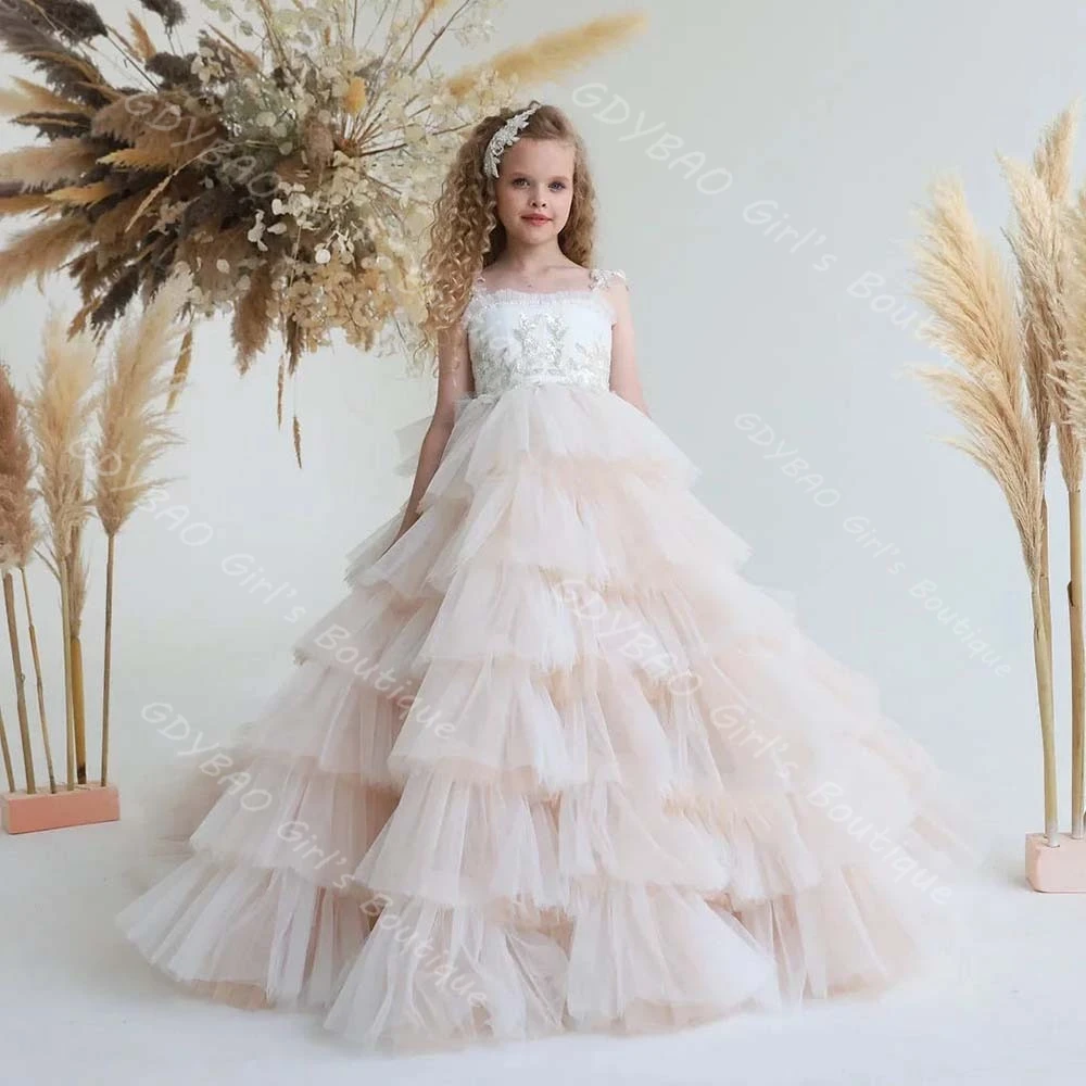우아한 키즈 티어드 튤 생일 파티 성찬식 드레스 블러쉬 핑크 스트랩 플라워 걸 드레스 웨딩 시퀸 맞춤 제작