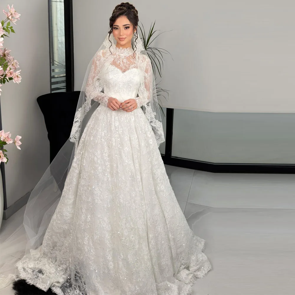 Customized Lace Ball Gown Wedding Dress for Bridal High Neck Long Sleeve Civil Bride Gown Sequin Bead Detail vestidos de novia