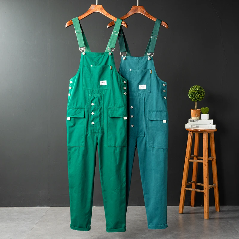 Spring Overall Mens Bib Jumpsuits Cotton Multi Pocket Straight Loose Casual Pants Clothing Hip Hop Coverall Green Cargo Trousers