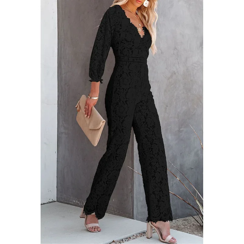 

2024 Autumn And Winter Nightclub Outfits Flared Sleeve V-Neck High Waist Solid Color Lace Jumpsuit One Pieces Women Pants