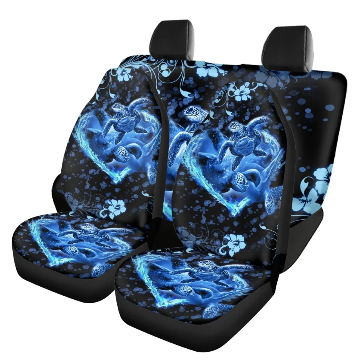 Gradient Bblue Sea Turtle Cartoon Pattern  Car Seat Cover Set Durable Dirt Resistant 4Pcs Auto Clean Protector Vehicle Supplies