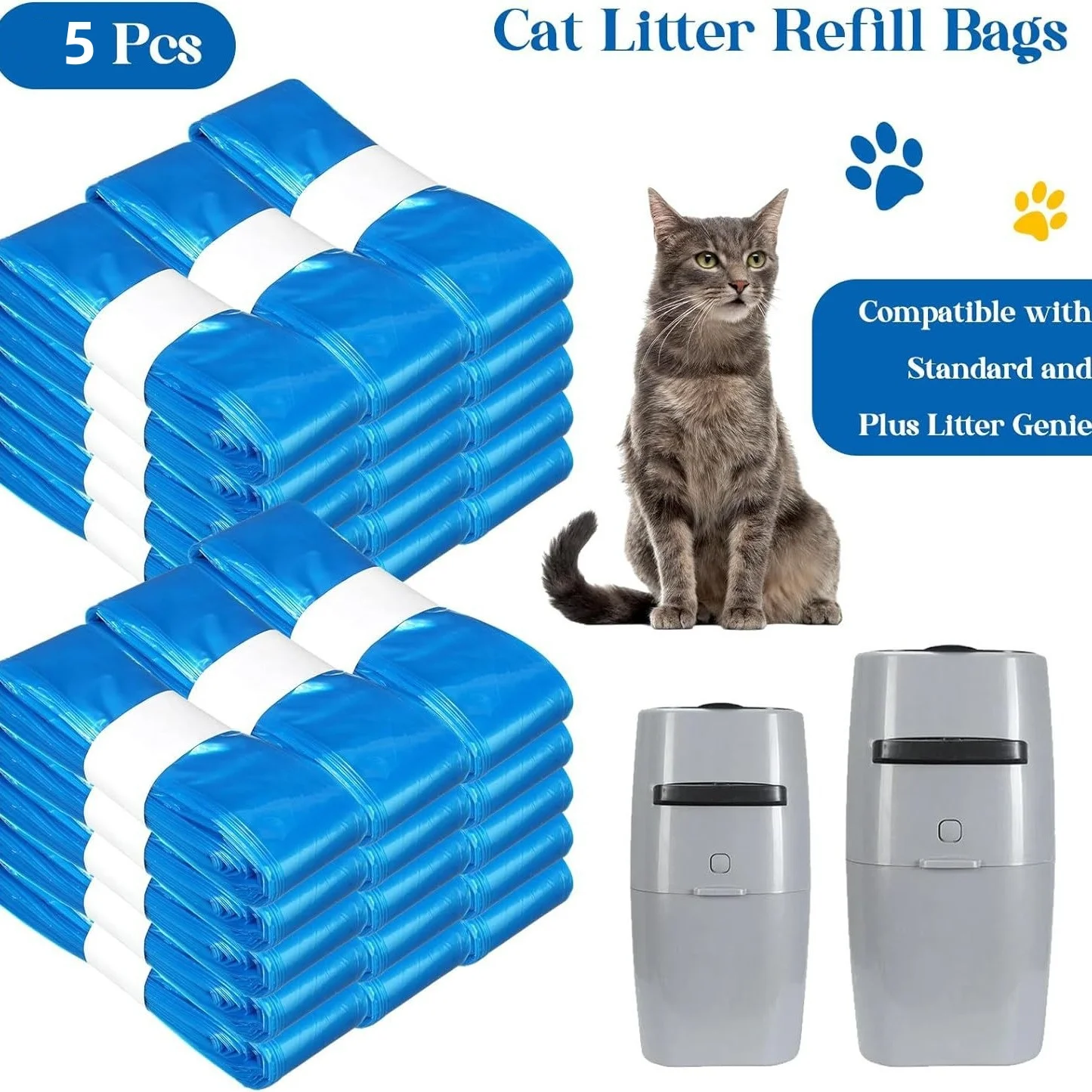5-Pack Litter Genie Refill Bags - Compatible with Standard/Plus/XL Systems | PEVA Foldable Cat Waste Liners, Leak-Proof & Odor-C