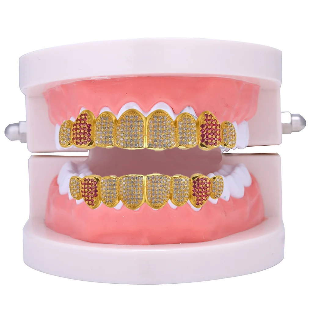 Hip Hop CZ Stones Teeth Grillz Caps Cubic Zircon Iced Out Micro Pave Top&Bottom Charm Grills For Men Women Jewelry