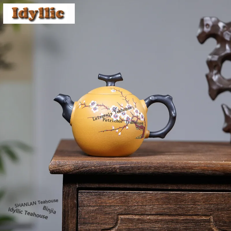 

290 мл Роскошные чайники Исин из фиолетовой глины, горшок ручной работы с цветком сливы, необработанная руда, желтая секция, грязевой чайник, чайный сервиз Zisha, посуда в подарок