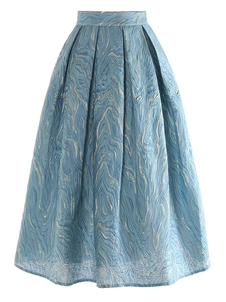 

Spring and Autumn New Women's Half Skirt, Fashionable Commuting Blue Jacquard Fresh and Elegant Mid Length Pleated Skirt