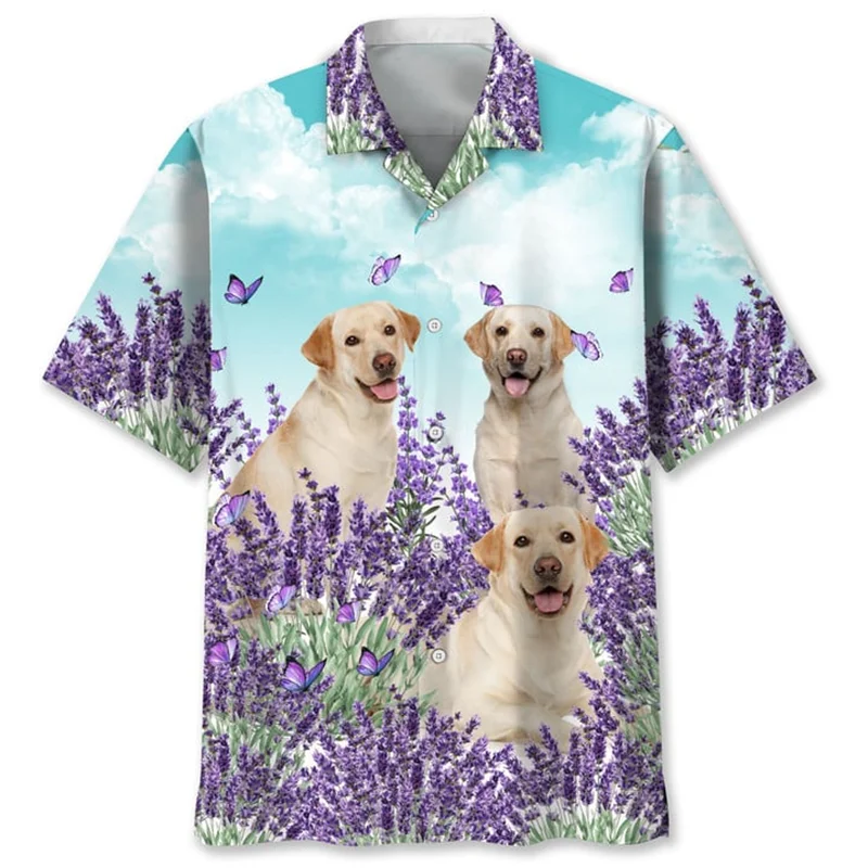 Lavender Dogs Pattern Hawaiian Shirt For Men Fashion 3d Printed Animal Shirts Summer Street Short Sleeves Lapel Button Blouse