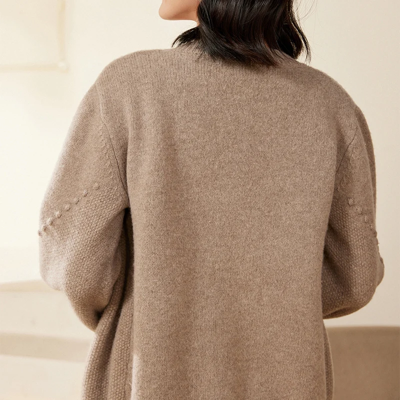 Women's New 100% Merino Wool Solid Color Cardigan  Button Design Knitted Lantern Sleeves Comfortable Warm Autumn  Winter Top