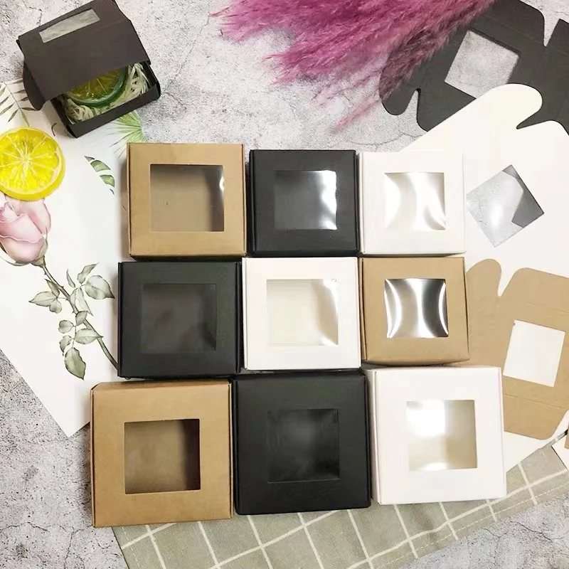 50/100pcs White Foldable Paper Box Kraft with PVC Window Black Craft Wedding Candy Handmade Soap Packing Gift Boxes