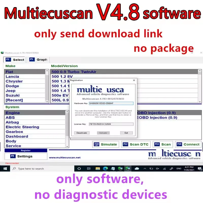 

2023 nuevo Multiecuscan V4.8 para Fiat/Chrysler/Dodge/Jeep/Suzuki Scanner Software 4,8 + ELM327 + adaptador plano registrado DDD