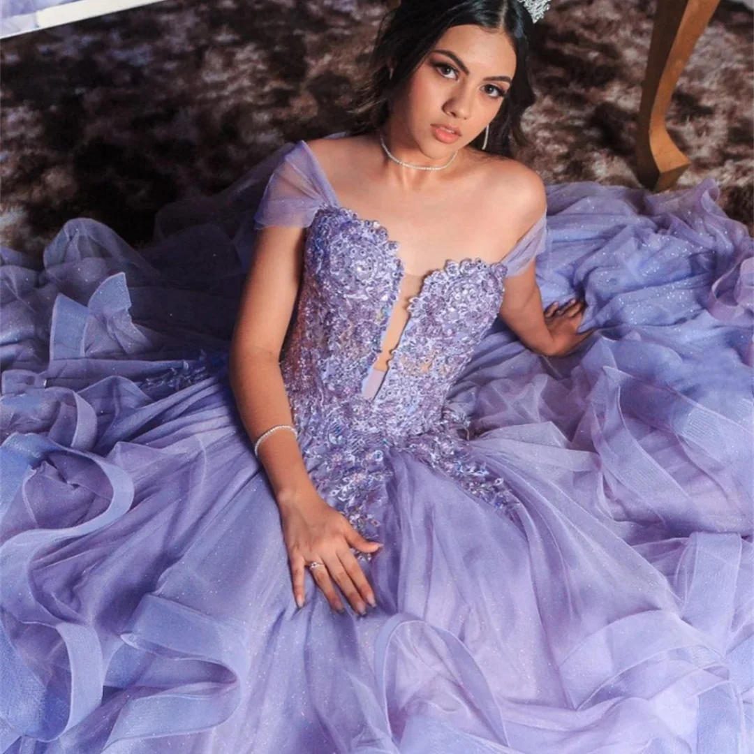 Amanda Customized Purple Sequin Prom Dress Multi-Layered vestidos de noche Off The Shoulder Floor-Length Formal Evening 2025