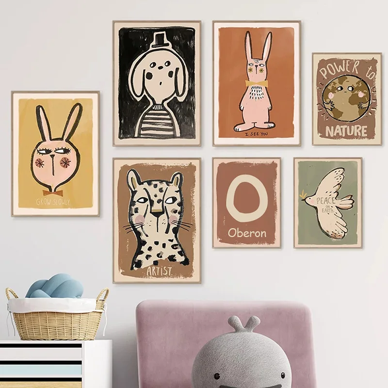 

Modern minimalist decorative art style cartoon animal letters children's names rabbit bedroom background canvas core