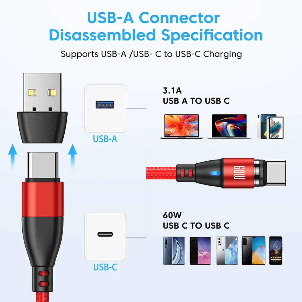 AUFU 마그네틱 고속 충전 데이터 코드, USB C에서 C 타입 케이블, 아이폰 15, 삼성, 샤오미, 화웨이, 맥북용, 60W