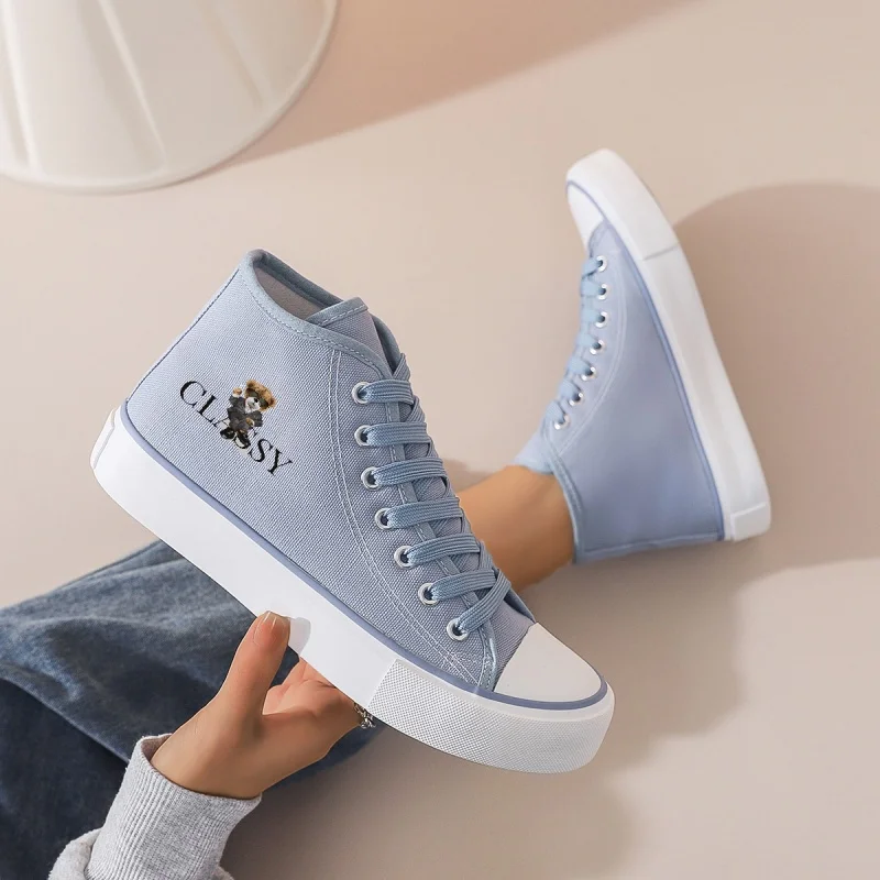 

Women's Light Blue High-Top Canvas Sneakers: Platform Sole with Cartoon Bear Embroidery. Casual Daily Wear.