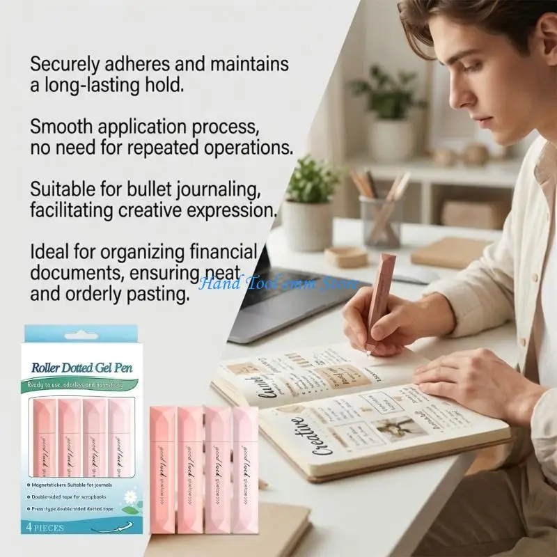 H37F Pack of 4 Double Sided Glues Pens Dispensing Pens Suitable for Office and Craft with Strong Adhesive and No Residues