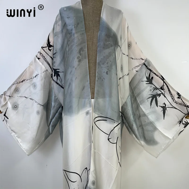 WINYI Summer Minimalist printing Women Cardigan Loose Long Dress Cocktail Party Boho Holiday Beachwear Swimsuit Cover Up kimono