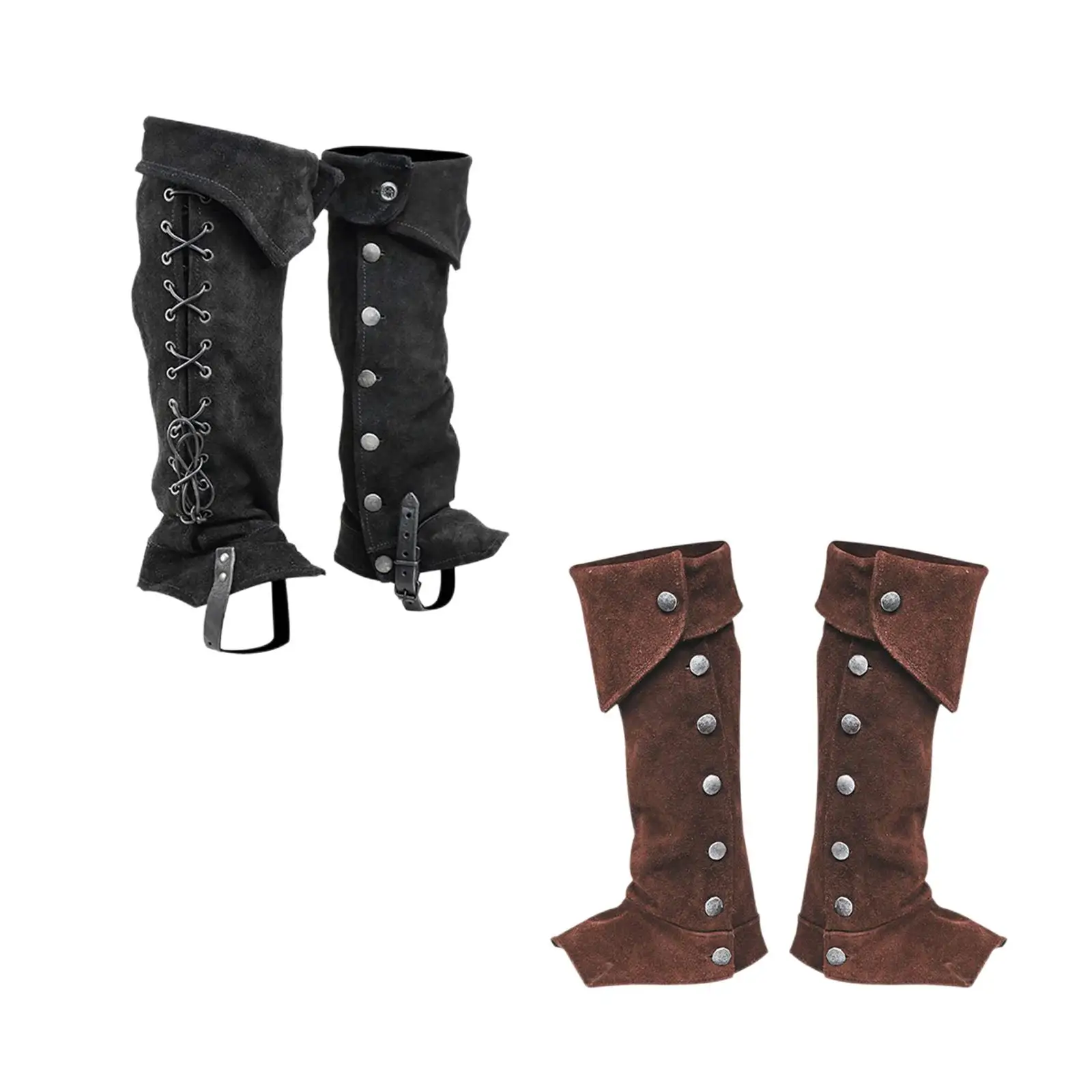 Men Renaissance Pirate Boot Covers Faux Leather Medieval Gaiters Soldier Boot Top with Lace Up and Buttons for Halloween Party