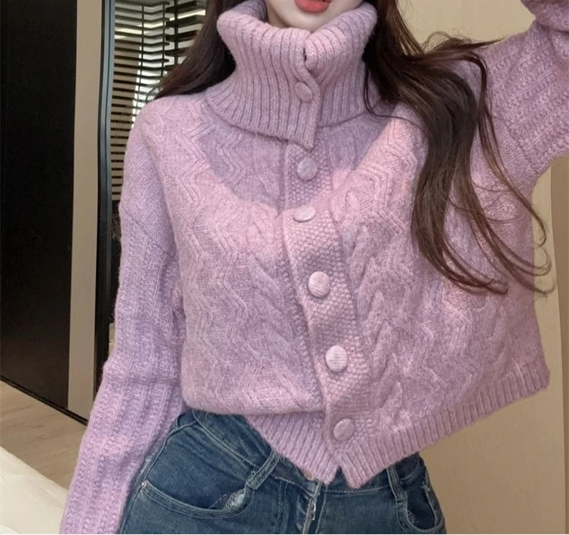 

Women's Winter High-neck Sweater Coat 2025 New Lazy Style Design Sense Soft and Glutinous Loose Short Cardigan with Long Sleeves