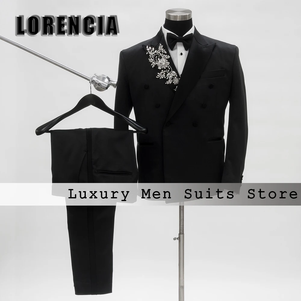 Leisure Double Breasted Male Suits 2 Pieces Crystal Wedding Tuxedos Groom Outfits Customized Blazer Pants costume homme luxe