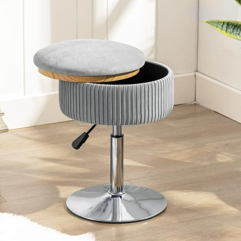 

360°Swivel Vanity Stool Chair for Makeup Room, Height Adjustable Stool for Vanity with Storage, Small Grey Velvet Vanity Stool