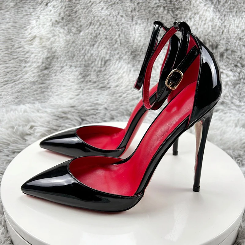 12cm Pumps Sexy Stilettos Ankle Strap Glossy Patent Thin High Heels Elegant Comfortable Pointed Toe Party Ladies Dress Shoes