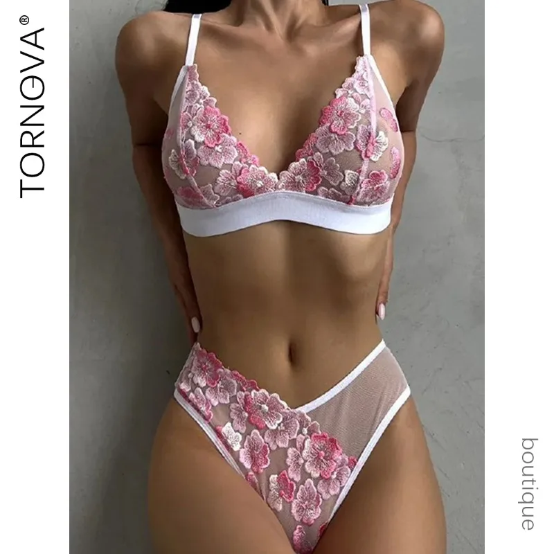 

Tornova Fancy Erotic Lingerie Panty 2PCS Mesh See-through Gather Together Girl Slim Plunge Sexy Seductive Intimate Underwear Set