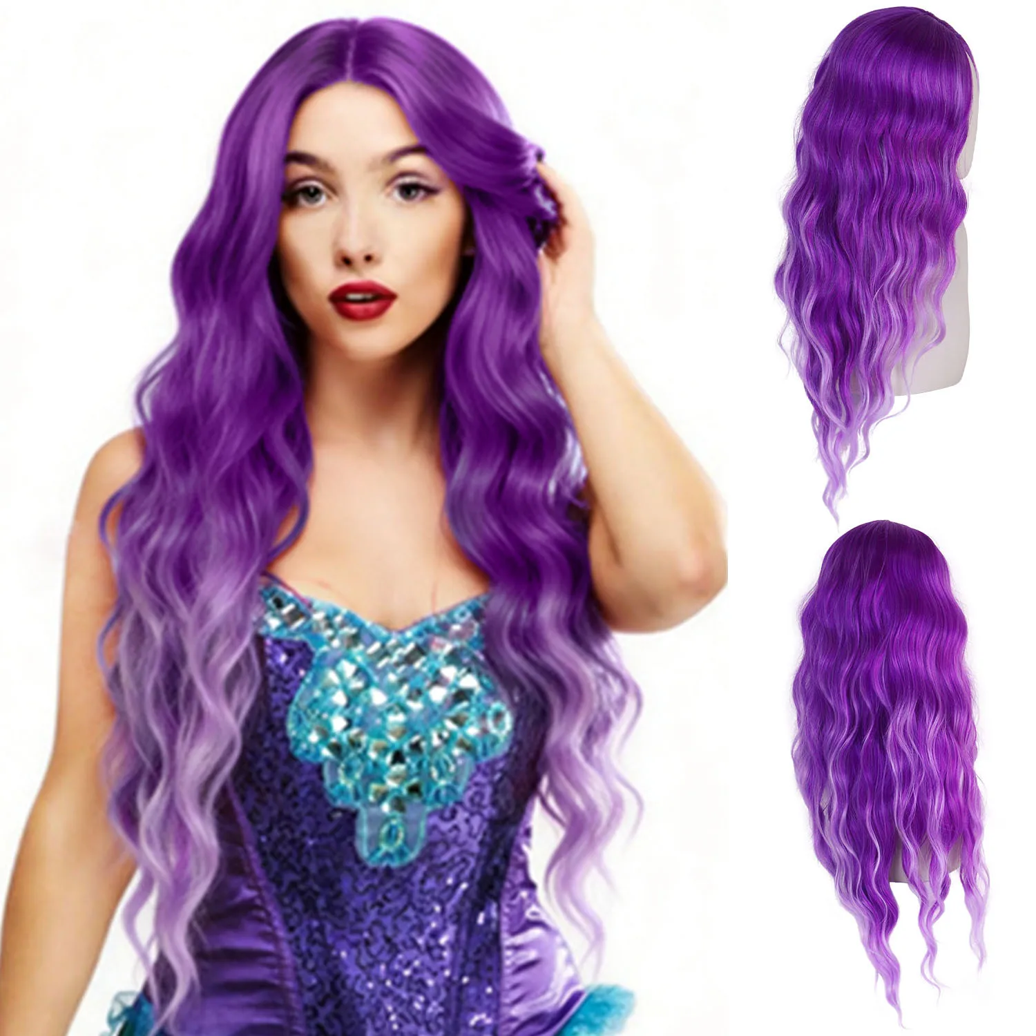 

Ombre Purple Long Wigs for Women Synthetic Fiber Lace Front Wig Water Wavy Mermaid Costume Halloween Cosplay Wigs Darg Queen