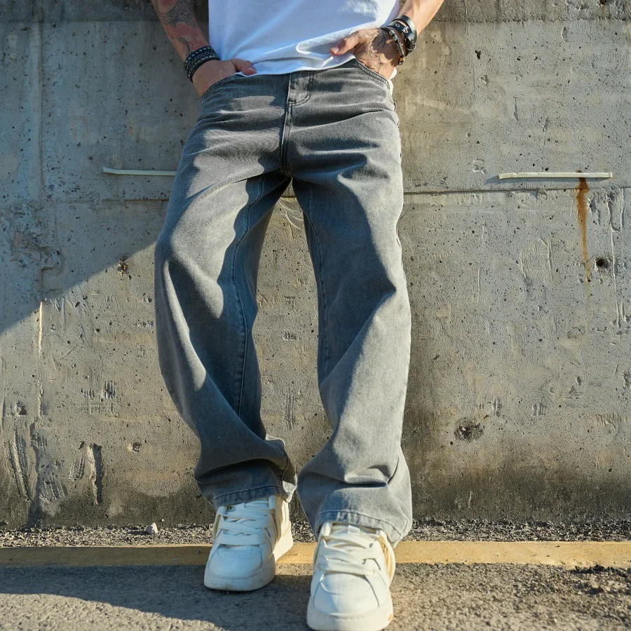 American Gray Jeans Loose Casual Straight Men's Clothing Old Wide-leg Floor-mopping Pants Washed