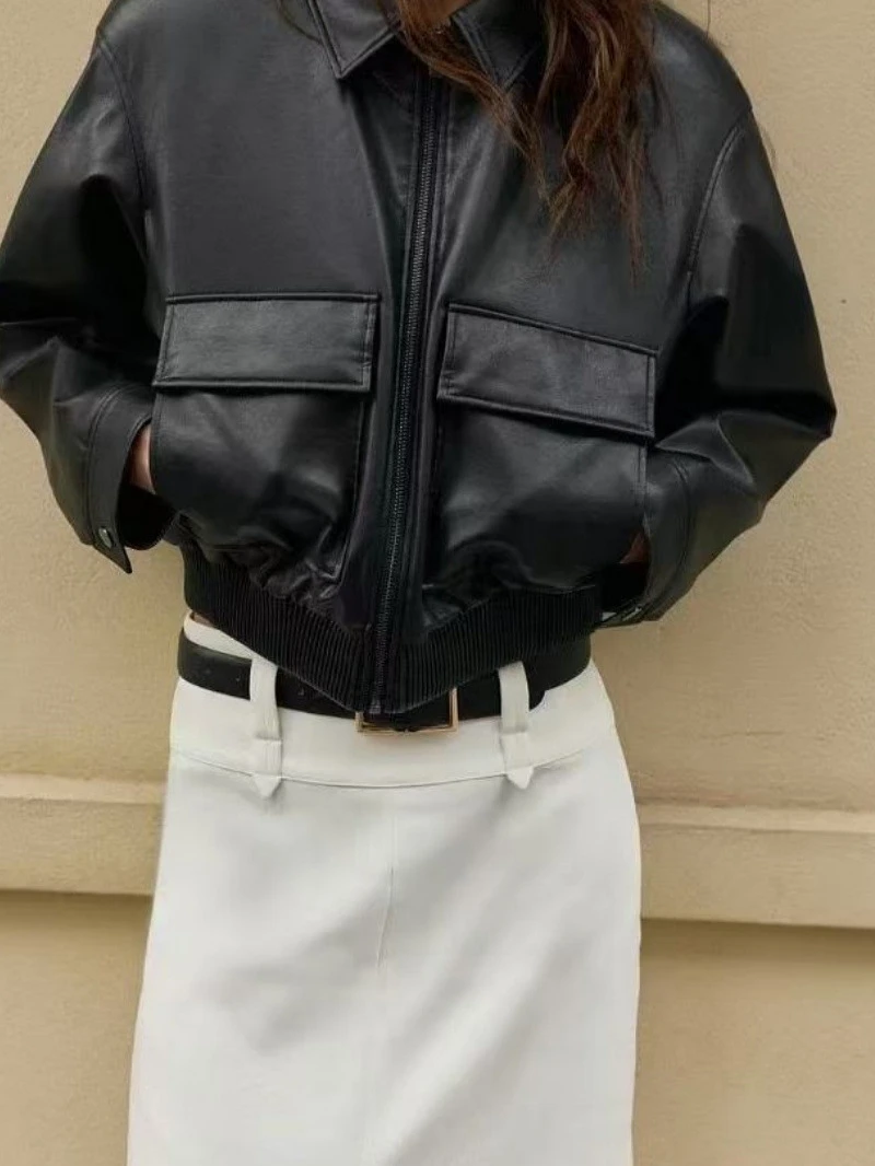 Woman Worker's Casual Street Style Faux Leather Pilot Jacket With Pockets Long Sleeves Short Outerwear
