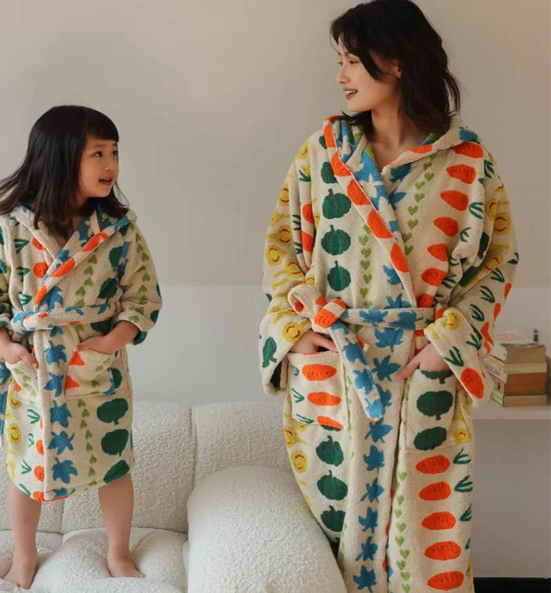 

Thicken Robe Child Sleepwear New Winter Hooded Bathrobe Women Warm Sleepwear Combed Cotton Soft Nightwear Kimono Bath Gown